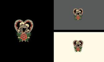 crânio de duas cabeças e design de mascote vetorial de flores vermelhas vetor