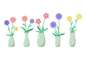 conjunto de lindas flores planas em vaso, ilustração de decoração para casa vetor