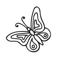 Doodle de borboleta voadora isolada no fundo branco. ilustração vetorial desenhada à mão de inseto de desenho animado. bom para livro de colorir e design de outras crianças. vetor