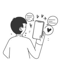 pessoa desenhada de mão segurando o telefone celular com coração e ilustração de bate-papo de bolha de amor vetor