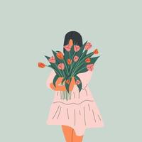 uma mulher está segurando um buquê de tulipas. feminilidade, feminismo, prosperidade e conceito de amor próprio. vetor