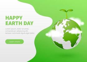 feliz dia da terra com globo em nuvens com planta sobre fundo verde. design de vetor feliz dia da terra para cartão de saudação de layout de banner e pôster. modelo de design de ecologia. ilustração vetorial.