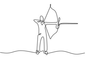 um único desenho de linha do jovem arqueiro enfoca o exercício do arco e flecha para acertar o alvo. vetor