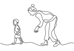 uma mãe de linha contínua desenhada ensina seus filhos a andar. vetor