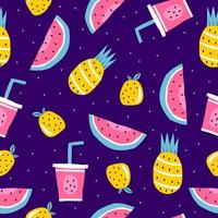 padrão sem emenda de verão, ilustração vetorial com melancia, abacaxi, frutas de laranja e suco. vetor