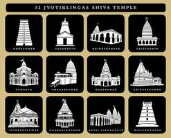 12 senhor shiva templos vetor ícone. 12 jyotirlingas têmpora. shiva templos ícone ilustração. Preto e branco faca mandir.