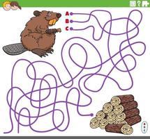 jogo educacional de labirinto com castor de desenho animado e toras de madeira vetor