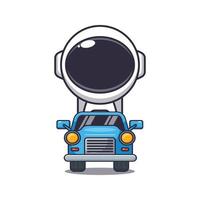 fofa astronauta mascote desenho animado personagem passeio em carro. vetor