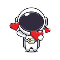 fofa astronauta desenho animado personagem segurando amor coração às dia dos namorados dia. vetor