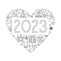 feliz 2023 Novo ano vetor em forma de coração esboço mínimo bandeira