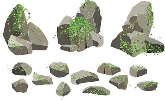 coleção de pedras de várias formas e seixos de plantas.costeiras, paralelepípedos, cascalho, minerais e fragmentos de formações geológicas.rocha, pedregulhos e ilustração material.vector de construção. vetor