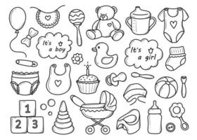 um conjunto de elementos de crianças nascidas desenhadas à mão em estilo doodle vetor