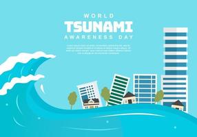 fundo do dia mundial da conscientização do tsunami com construção e onda. vetor