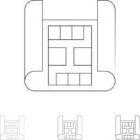 construção de mapa conjunto de ícones de linha preta fina e ousada vetor