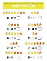 subtração. planilha de matemática para crianças. desenvolvendo habilidades de numeração. resolver exemplos e escrever. matemática. vector illustration.educational matemática jogo de crianças. subtração para crianças..