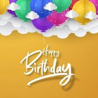 arte de papel de balões e nuvens, arte de celebração de feliz aniversário e ilustração. vetor