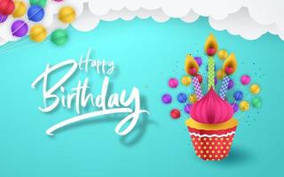 arte de papel de balões e cupcake, arte de celebração de feliz aniversário e ilustração. vetor