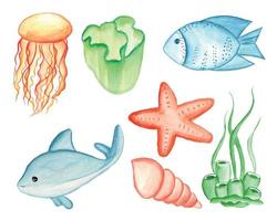 conjunto de clipart aquarela sob o mar vetor