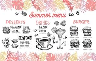 menu de verão, design de modelo. panfleto de comida. estilo desenhado à mão. ilustração vetorial vetor