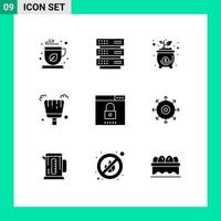 9 sólido glifo conceito para sites Móvel e apps otimização motor saco varrer vassoura editável vetor Projeto elementos