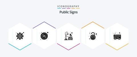 público sinais 25 glifo ícone pacote Incluindo ônibus. inseguro. cidade. desbloquear. Cidade vetor