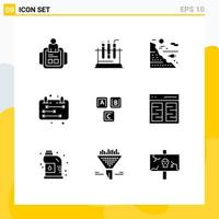Móvel interface sólido glifo conjunto do 9 pictogramas do abc gestão debaixo calendário pescaria editável vetor Projeto elementos