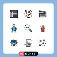 Móvel interface linha preenchida plano cor conjunto do 9 pictogramas do ampliação procurar americano pessoas criança editável vetor Projeto elementos