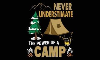 design de arte de linha de camiseta de acampamento. vetor