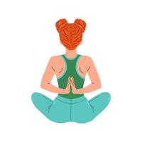 jovem mulher sentado dentro ioga lótus pose Visão a partir de voltar. meditando menina ilustração. ioga mulher, meditação, antiestresse vetor