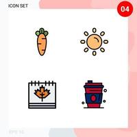 4 do utilizador interface linha preenchida plano cor pacote do moderno sinais e símbolos do cenoura calendário natureza Sol dia editável vetor Projeto elementos