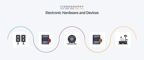 dispositivos linha preenchidas plano 5 ícone pacote Incluindo rádio. excluir. cam. base de dados. base vetor