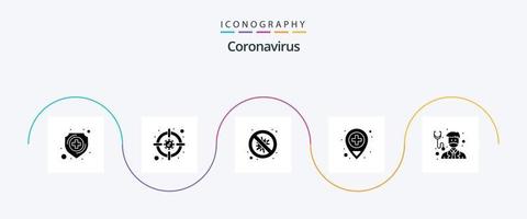 coronavírus glifo 5 ícone pacote Incluindo assistência médica. médico. bactérias. localização. Perigo vetor