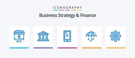 o negócio estratégia e finança azul 5 ícone pacote Incluindo euro. guarda-chuva. tribunal. seguro. euro. criativo ícones Projeto vetor