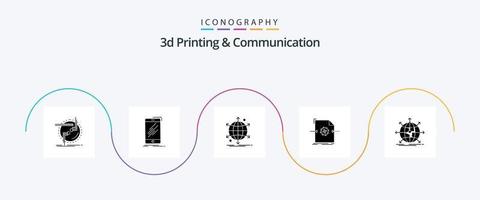 3d impressão e comunicação glifo 5 ícone pacote Incluindo arquivo. 3d. Smartphone. rede. internet vetor