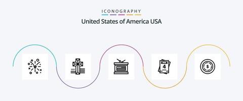 EUA linha 5 ícone pacote Incluindo . dólar. feriado. americano. amor vetor