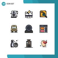 Móvel interface linha preenchida plano cor conjunto do 9 pictogramas do acampamento transporte marketing disposição rede editável vetor Projeto elementos