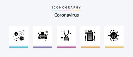 coronavírus glifo 5 ícone pacote Incluindo ficando. coronavírus. lenço de papel caixa. prédio. vertente. criativo ícones Projeto vetor