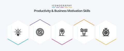 produtividade e o negócio motivação Habilidades 25 linha ícone pacote Incluindo jogar. equilíbrio. desligado. humano. foco vetor