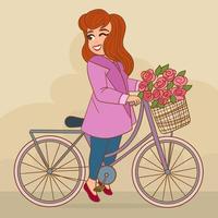 Mulher bonita e sorridente com bicicleta retro roxa vetor