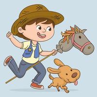 menino montando um brinquedo de pau de cavalo
