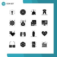 16 sólido glifo conceito para sites Móvel e apps engrenagem guerra limpar \ limpo torre histórico editável vetor Projeto elementos