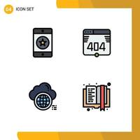 Móvel interface linha preenchida plano cor conjunto do 4 pictogramas do celular Informática Móvel erro mundo editável vetor Projeto elementos