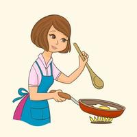 mulher parada perto do fogão na cozinha cozinhando vetor