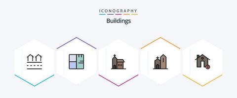 edifícios 25 linha preenchida ícone pacote Incluindo cobrar. bateria. mapa. mosteiro. Igreja vetor