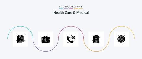 saúde Cuidado e médico glifo 5 ícone pacote Incluindo hospital. clínica. chamar. resultado. saúde vetor