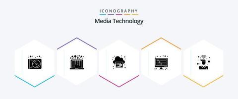 meios de comunicação tecnologia 25 glifo ícone pacote Incluindo sobre. ondas. on-line. som ondas. equalizador vetor