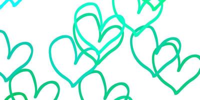 modelo de vetor verde claro com corações de doodle.