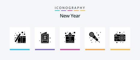 Novo ano glifo 5 ícone pacote Incluindo fotografia. Câmera. Novo ano. microfone. áudio. criativo ícones Projeto vetor