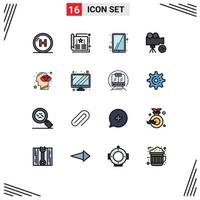 Móvel interface plano cor preenchidas linha conjunto do 16 pictogramas do vídeo meios de comunicação folheto filme tela sensível ao toque editável criativo vetor Projeto elementos