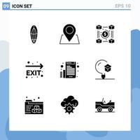 Móvel interface sólido glifo conjunto do 9 pictogramas do o email navegação moeda sair Saída editável vetor Projeto elementos